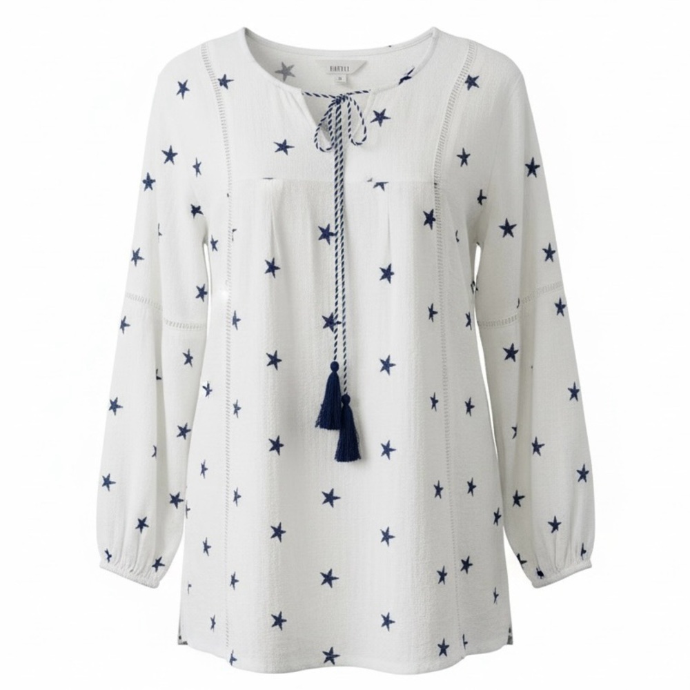Kaktus White Tunic w/Blue Embroidered Stars Long Lantern Sleeves Tie Neckline